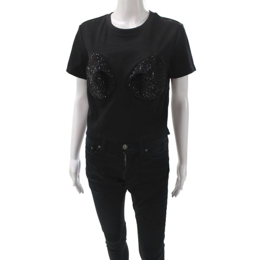 Area Womens Cropped Cotton T-Shirt Black Crew Neck Short Sleeve Size L